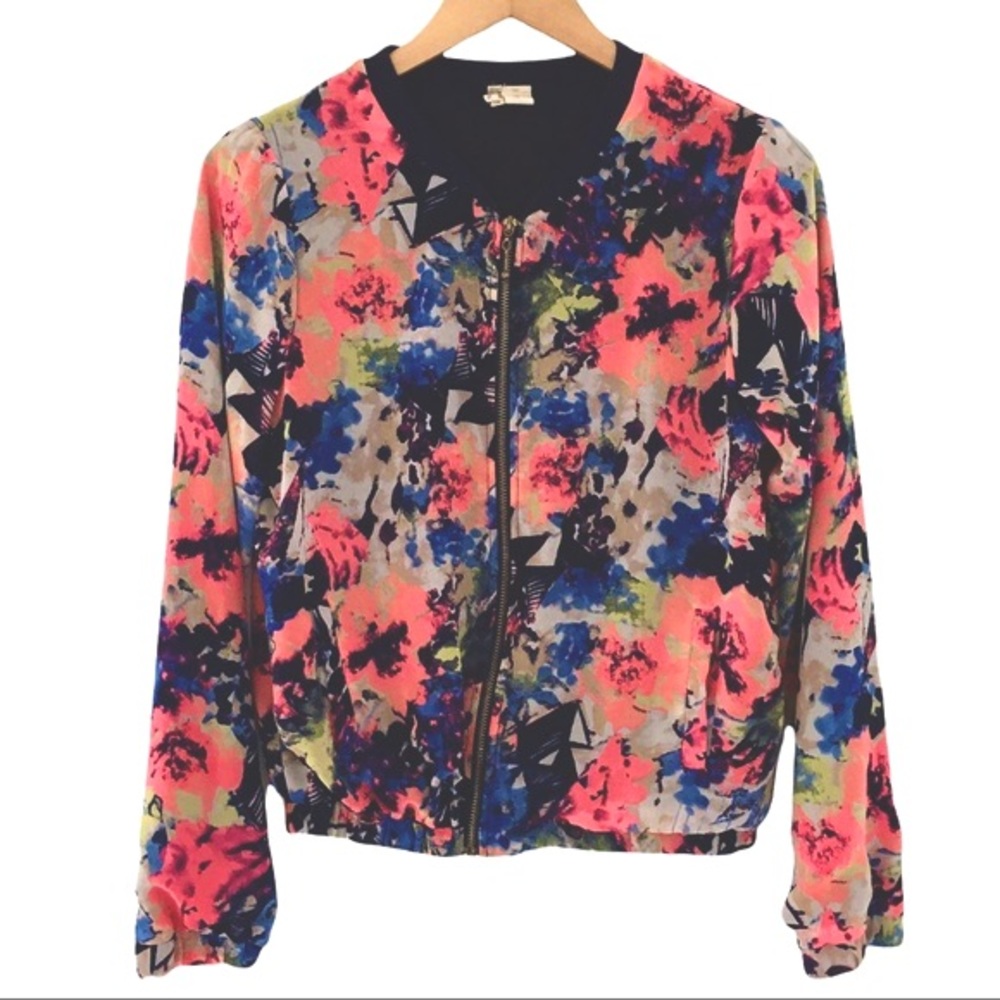 Japna Chiffon Lightweight Bomber Style Jacket Neon Floral Artsy | M